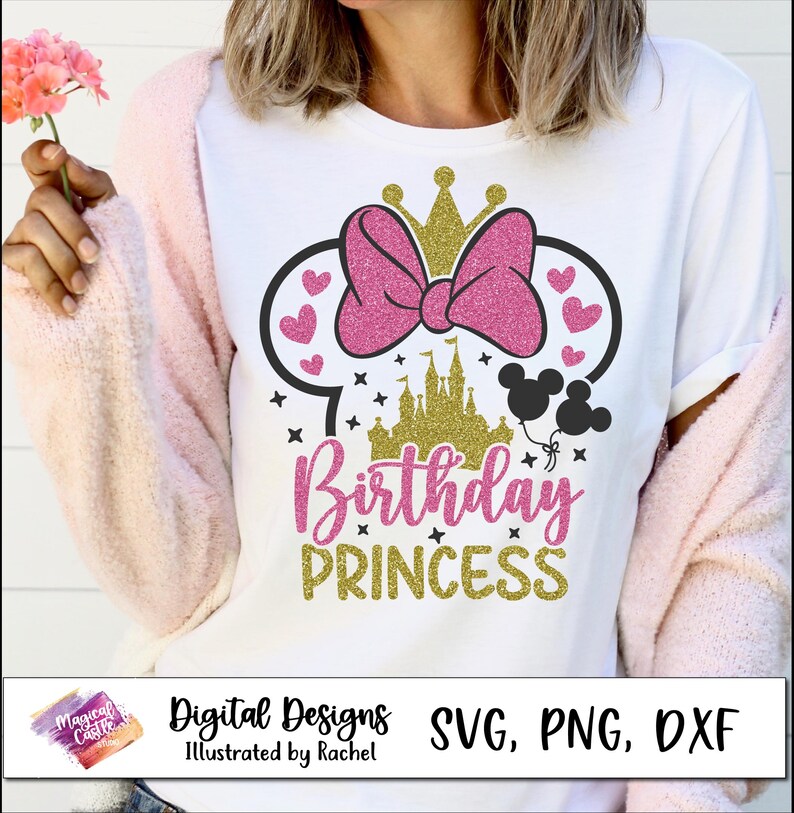 May include: White t-shirt with a pink glitter bow, gold glitter crown, and a gold glitter castle design. The text "Birthday Princess" is in pink and gold glitter. The shirt also has black Mickey Mouse silhouettes and hearts.
