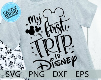 May include: A gray t-shirt with black text that reads "My first trip to Disney" with a Mickey Mouse silhouette above the text and two Mickey Mouse silhouettes with balloons below the text. The text "SVG PNG DXF EPS" is printed below the design.