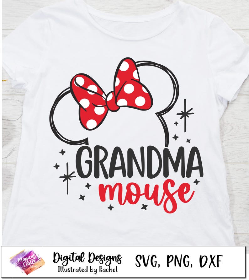 May include: A white t-shirt with a black and red design. The design features a black outline of Mickey Mouse's ears with a red bow with white polka dots. The text "Grandma Mouse" is written in black and red below the ears.