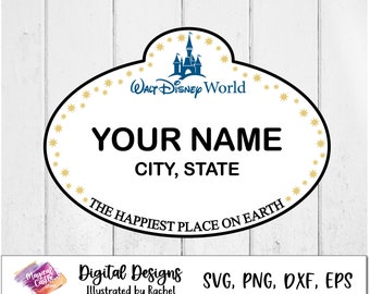 Archivo de corte de etiqueta de nombre láser, insignia de miembro del elenco mundial, archivo vectorial de etiqueta de nombre personalizado, etiqueta del lugar más feliz de la Tierra, archivo de corte de Cricut, etiqueta de nombre personalizada