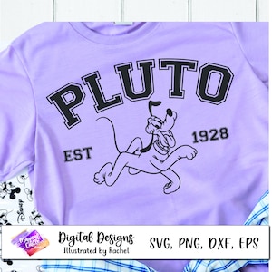 May include: Purple t-shirt with a black and white illustration of Pluto running. The text "PLUTO EST 1928" is printed on the shirt.