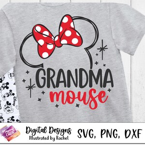 May include: A grey t-shirt featuring a black and red Minnie Mouse bow and the text "Grandma Mouse" in black and red lettering.