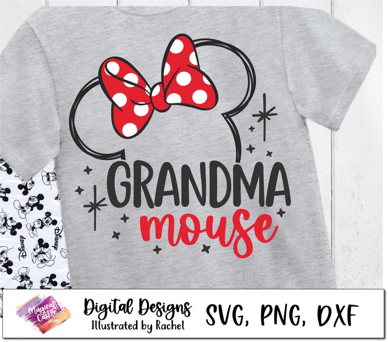 May include: A grey t-shirt featuring a black and red Minnie Mouse bow and the text "Grandma Mouse" in black and red lettering.