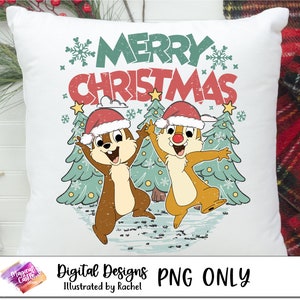 May include: A digital design featuring two cartoon chipmunks wearing Santa hats and standing in front of two Christmas trees. The text "Merry Christmas" is above the chipmunks. The design is in a vintage style with a distressed look.