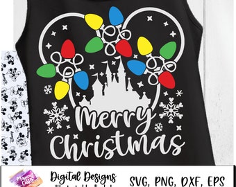 Castle Lights, Christmas Lights, Christmas Vacation, I'll be Home for Christmas svg, Mickey Merry Christmas, png, Magic Castle, Mouse Ears