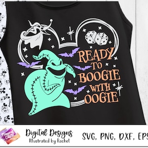 Puede incluir: Un top negro de tirantes con un diseño gráfico blanco y verde que presenta un personaje de Pesadilla Antes de Navidad. El texto "Ready to Boogie with Oogie" está escrito en naranja y blanco.