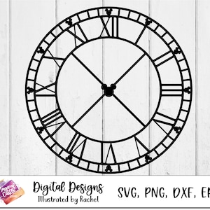 May include: Black and white clock face with Roman numerals and Mickey Mouse ears at the top and center of the clock face.