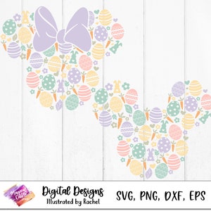 Puede incluir: Un diseño digital con una silueta de conejo y huevo de Pascua pastel en forma de orejas de Mickey Mouse con un lazo morado. El diseño incluye el texto "Digital Designs Illustrated by Rachel" y "SVG, PNG, DXF, EPS".