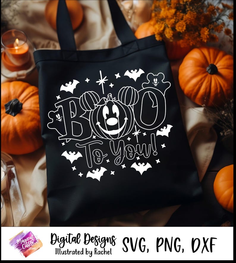 Boo to You SVG-shirt, Mickey-pompoen SVG, Oogie Boogie Bash, Halloween-pompoen SVG, spoken, vleermuizen, magisch kasteel, magische muizenoren, DXF, PNG afbeelding 4