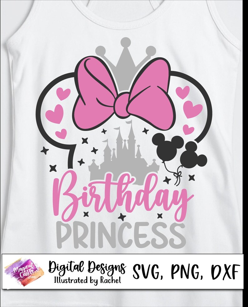 May include: White tank top with a pink bow, Mickey Mouse ears, and hearts. The design includes a gray castle, black Mickey Mouse balloons, and the words "Birthday Princess" in pink and gray.