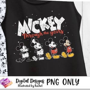 May include: Black tank top with a white graphic of Mickey Mouse through the years. The graphic features four different versions of Mickey Mouse in a row, with the text "Mickey Through the Years" above them.