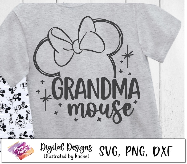 May include: A grey t-shirt with a black and white illustration of Mickey Mouse ears and a bow. The text "Grandma Mouse" is printed in black below the illustration.