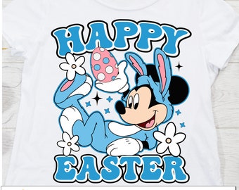 May include: A blue and white digital design featuring Mickey Mouse dressed as an Easter bunny holding an Easter egg. The text "Happy Easter" is in large blue letters.