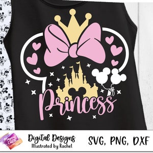 Könnte beinhalten: Ein schwarzes Tanktop mit einer rosa Schleife, einer goldenen Krone, einer weißen Umrandung von Mickey Mouse Ohren, einem rosa Schloss und dem Wort "Princess" in rosa Buchstaben.