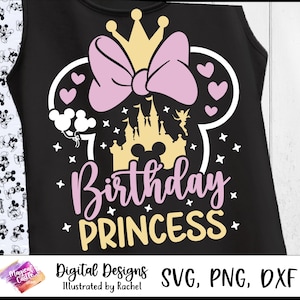 May include: Black tank top with a pink bow, crown, and castle design. The text reads "7 Birthday Princess" in pink and yellow. White Mickey Mouse balloons and stars complete the design. Digital designs are available in SVG, PNG, and DXF formats.