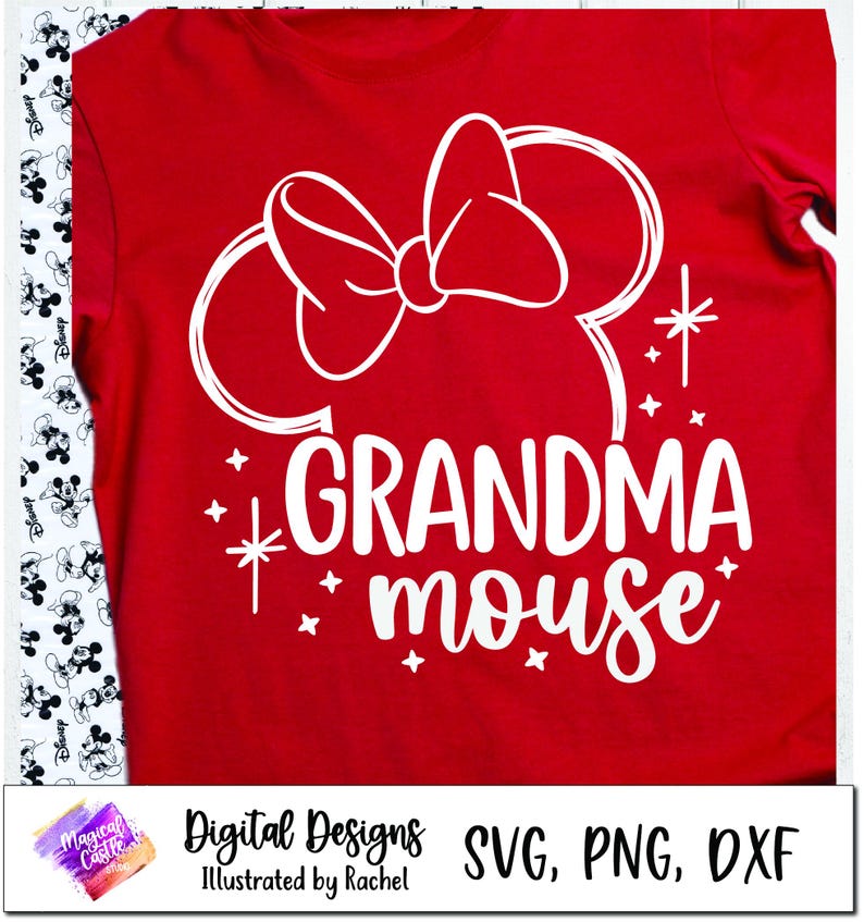 May include: Red t-shirt with a white outline of Mickey Mouse ears and a bow. The text "Grandma Mouse" is written in white below the ears.