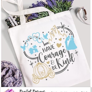 May include: A white tote bag with a gray and gold design featuring Disney characters and the text "Have Courage & Be Kind".
