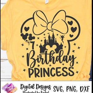 May include: Mustard yellow t-shirt with a black graphic featuring a bow, Mickey Mouse ears, hearts, a castle, and the text "7 Birthday Princess." The shirt also includes the text "Digital Designs SVG, PNG, DXF Illustrated by Rachel."