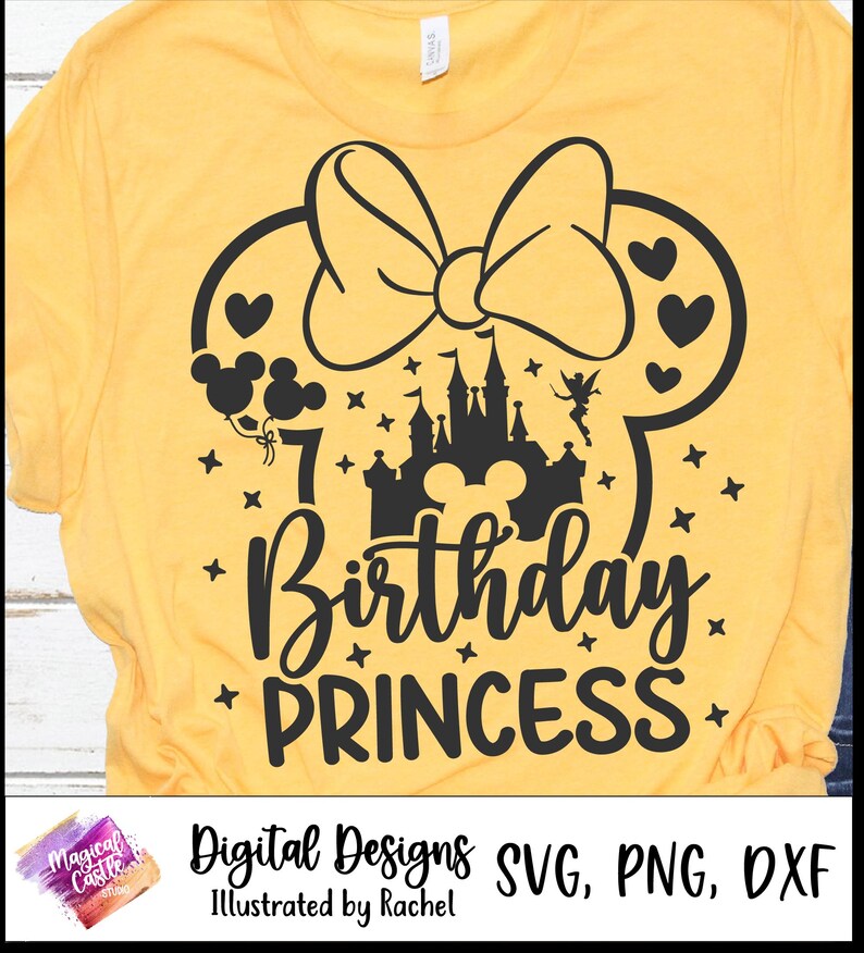 May include: Mustard yellow t-shirt with a black graphic featuring a bow, Mickey Mouse ears, hearts, a castle, and the text "7 Birthday Princess." The shirt also includes the text "Digital Designs SVG, PNG, DXF Illustrated by Rachel."