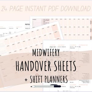 Peut inclure: Un téléchargement PDF instantané de 24 pages de feuilles de transfert et de planificateurs de quarts de travail pour sages-femmes. Les pages sont conçues avec un fond rose clair et du texte noir.