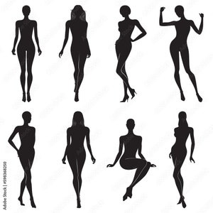 Pode incluir: Silhuetas de oito mulheres em várias poses. As mulheres estão todas em pé ou sentadas, e todas estão de frente. As silhuetas são pretas sobre um fundo branco.