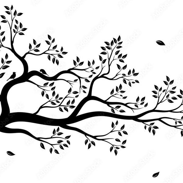 Tree branch SVG, DXF. Birds on tree silhouette template, decal, cricut, cutfile. Family tree stencil clipart for laser cut. Instant download