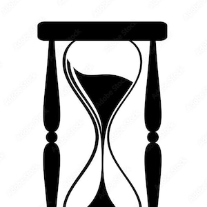 May include: A black and white hourglass with a classic design. The hourglass is made of glass and has a wooden frame.
