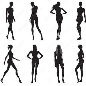 Posing girls bundle SVG. Female human figure template, clip art, stencil. Women body silhouette sample, cut file. Instant download.