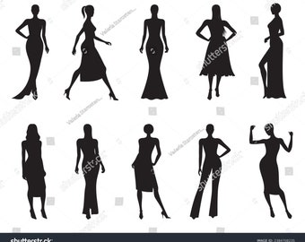 Lot de silhouettes de corps de femmes SVG. Modèle, sticker, clipart pour fille qui pose. Pochoir de modèles féminins habillés, découpe laser. Téléchargement instantané