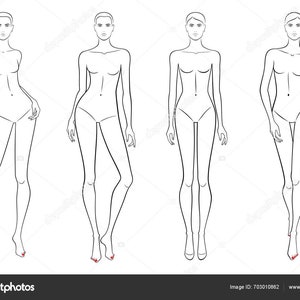 Könnte beinhalten: Vier Modefiguren-Vorlagen in einer Reihe, jede in einer anderen Pose. Die Figuren sind in schwarzen Linien auf weißem Hintergrund gezeichnet. Jede Figur hat einen neutralen Ausdruck und trägt ein einfaches Kleidungsstück. Die Zehennägel sind rot lackiert.