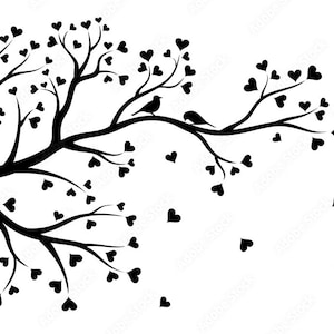 Peut inclure: Silhouette noire d'un arbre avec des feuilles en forme de cœur et deux oiseaux perchés sur une branche. Plusieurs cœurs tombent de l'arbre. Le fond est blanc.