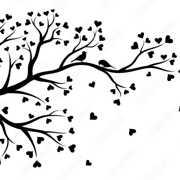 Heart tree branch SVG. Birds on tree silhouette template, decal. Family tree stencil clip art, file for laser cut, cricut. Instant download