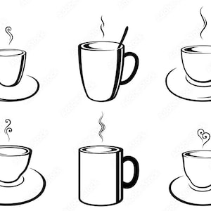 Puede incluir: Ilustración en blanco y negro de seis tazas y tazas de café diferentes, cada una con vapor ascendente. Las tazas están sobre platillos, y una taza tiene una cuchara.