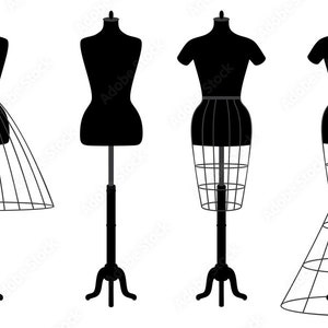 Female mannequins bundle SVG. Dress crinolines silhouettes stencil clip art, sample. Fashion dress forms template, pattern. Instant download