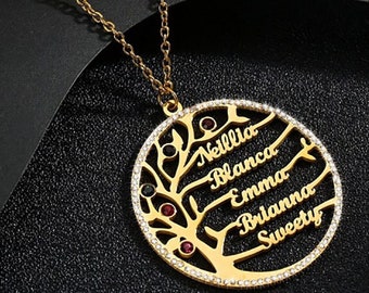 Family Tree Name Necklace for Multiple Names, Engraved Personalised Tree of Life Necklace with Birth Stones, Meaningful Gift for Her