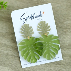 Frosted Acrylic Monstera Leaf Statement Dangle Earrings