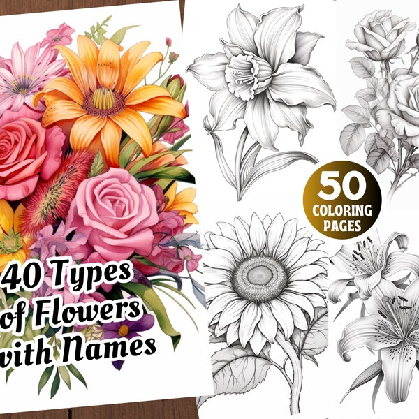 40 Types of Flowers with Names | 50 Printable Grayscale Coloring Pages for Kids + Adults | Flower Coloring Book | Sketch Book | Illustration