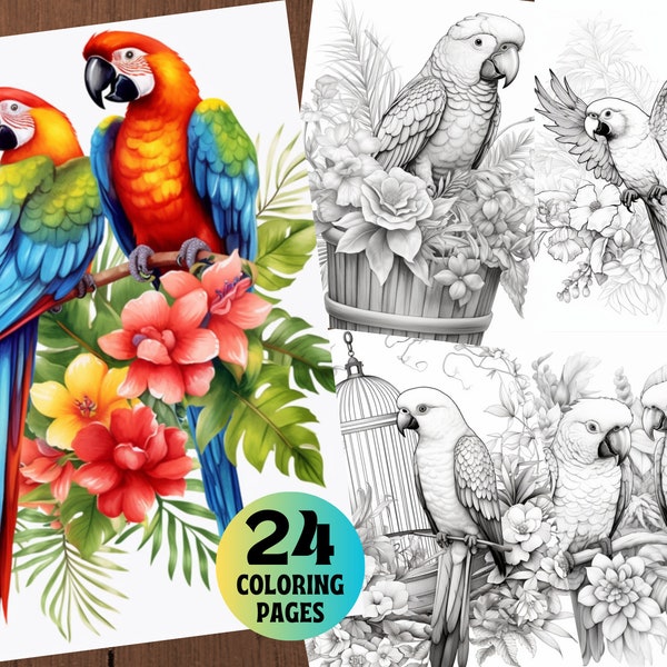 24 Printable Parrots Grayscale Coloring Pages for Kids + Adults | Parrot Coloring Book | Sketch Book | Illustration | Instant Download