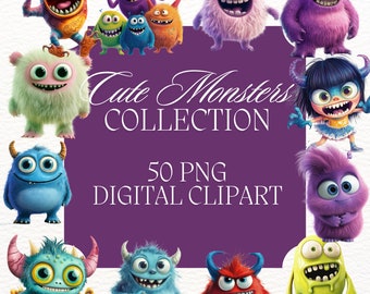 Cute Monster Clipart – 50 PNG Kids' Crafts Graphics (Digital Download)