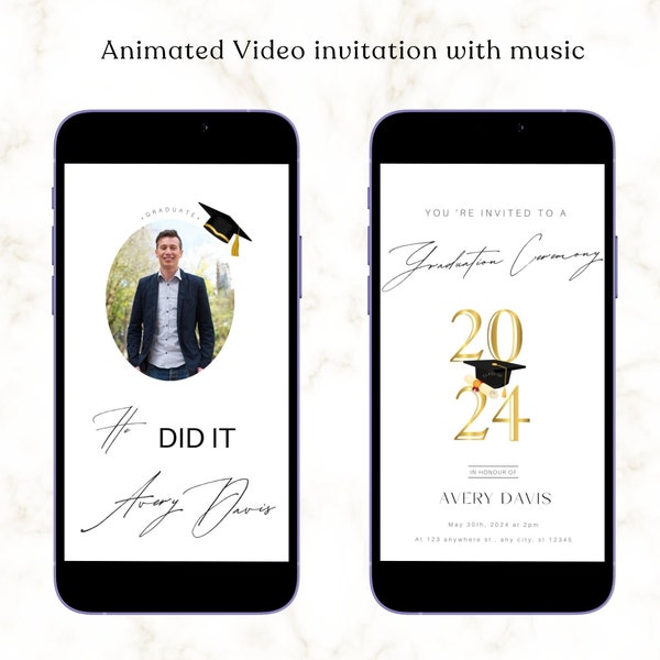 Graduation Party Video Invitation, Minimal Party Invitation for Boys, Animated Video Invitation Boys, Digital Phone Invitation with Music