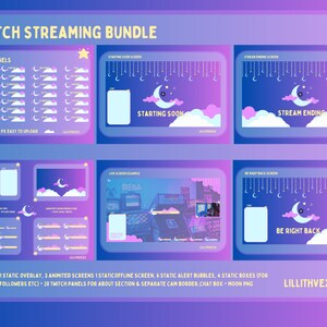 Stream Bundle "Moon and Stars" Cute Background, Overlays, Panels Animated with Clouds, Stars and Moon Kawaii - Twitch - Youtube - Kick