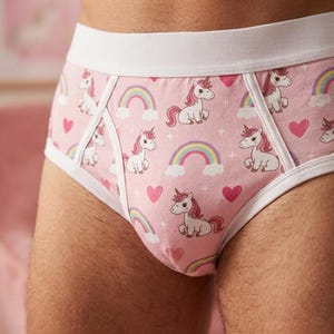 May include: Pink underwear featuring a repeating pattern of white unicorns with pink manes, colourful rainbows, and small pink hearts. The garment has a thick white elastic waistband and white trim along the leg openings and front seams.