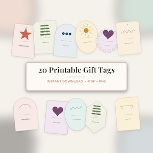 Può includere: Una collezione di 20 etichette regalo stampabili in varie forme e colori pastello, con icone minimaliste come stelle, cuori, soli e piante. Il testo centrale recita 20 Printable Gift Tags, INSTANT DOWNLOAD, PDF + PNG, con varie frasi come Happy Birthday e With Love.