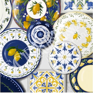 Può includere: Una collezione di piatti in ceramica blu e bianca con motivi di limoni gialli. I piatti presentano una varietà di motivi, tra cui motivi floreali, geometrici e astratti. I piatti sono disposti in un cerchio su uno sfondo bianco.