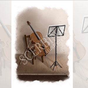 May include: A brown cello with a wooden chair and a music stand in a room with a brown floor and a light brown wall.