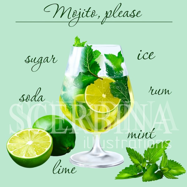 Mojito cocktail, cocktail,  lime, mint, Watercolo Fruit and  Floral Elements, Botanical Floral Elements