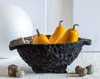 Wabi-Sabi Dark Black Papier Mache Bowl for Coffee Table - Minimalist, Boho and Rustic Home Decor Accent and Housewarming Gift