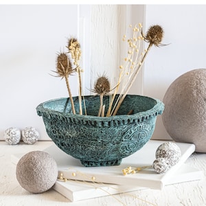 Ciotola rustica in cartapesta con patina - Arte della lobby dell'hotel, accento decorativo antico per la casa in stile Boho - Cabina, inaugurazione della casa e regalo per il 1° anniversario