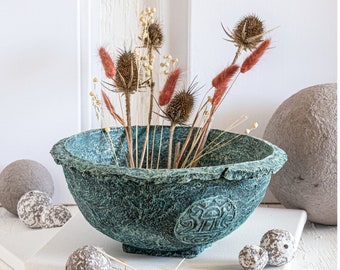 Turquoise Patina Paper Mache Bowl | Sculptural Wabi Sabi Centerpiece for Coffee Table & Organic Modern Decor