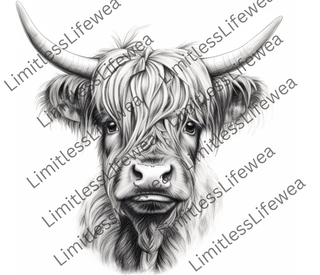 Highland Cow Black and White Digital PNG Adorable Farm Etsy